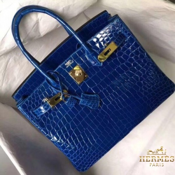 Hermes 30cm Shiny Blue Abysse Nilo Crocodile Birkin Bag with Gold